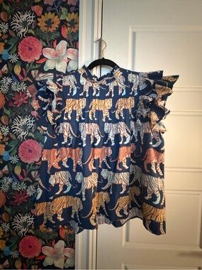 Oliphant  Tiger Print Ruffle Sleeve Top Medium